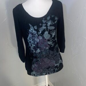 Style & Co. Black and Purple Floral Long Sleeve Top